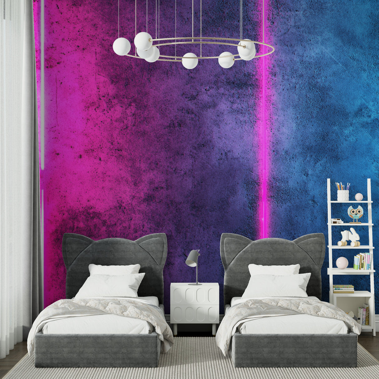 Modern bedroom featuring gradient neon wall mural with dynamic light effects