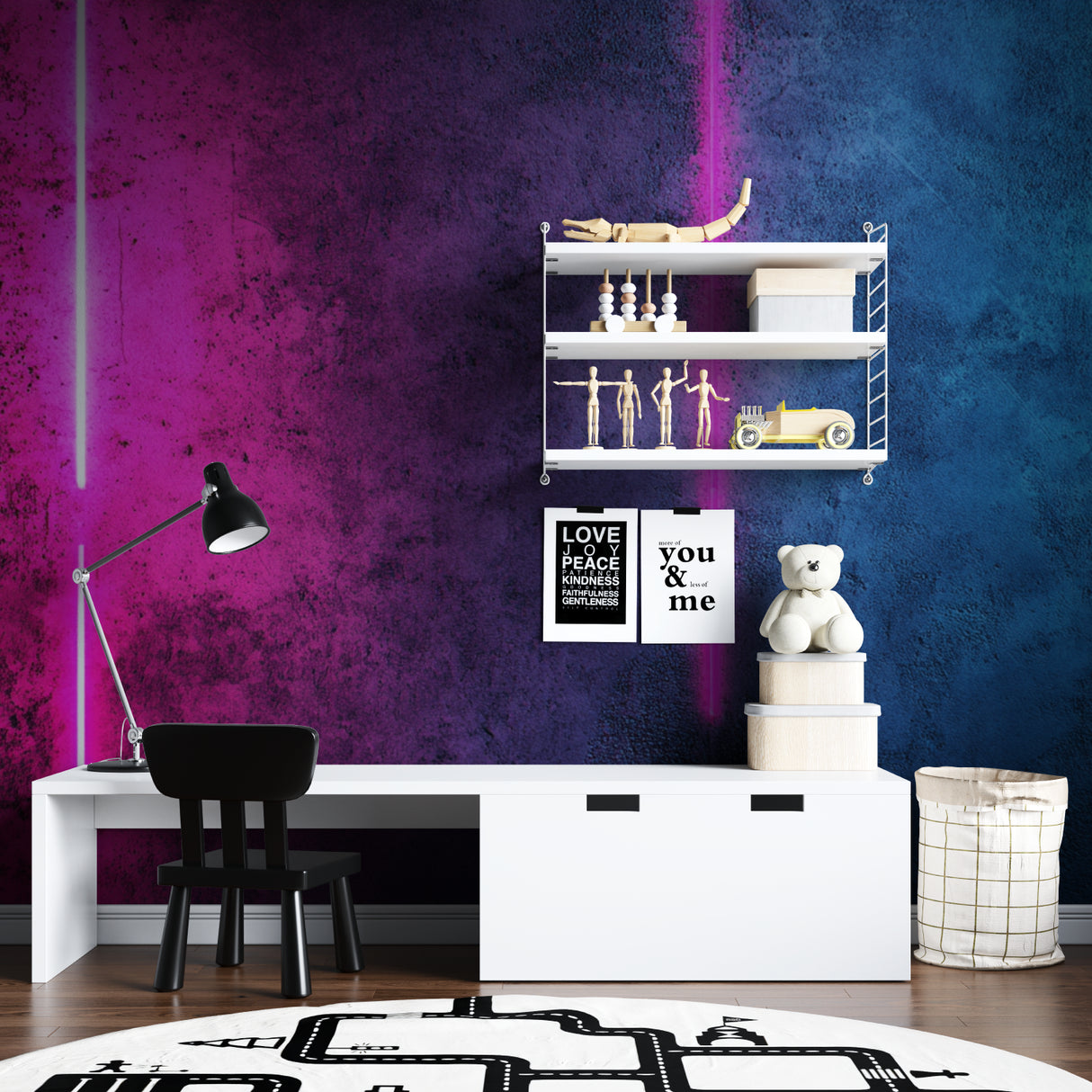 Teen room showcasing abstract neon gradient wallpaper with vibrant colors