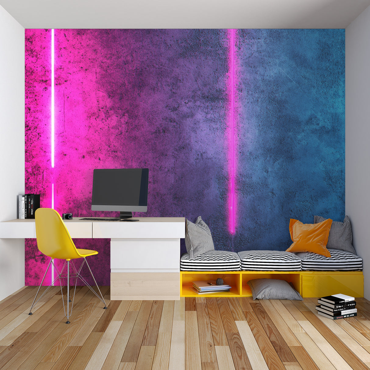 Home office space with abstract light beam wall mural creating energetic atmosphere