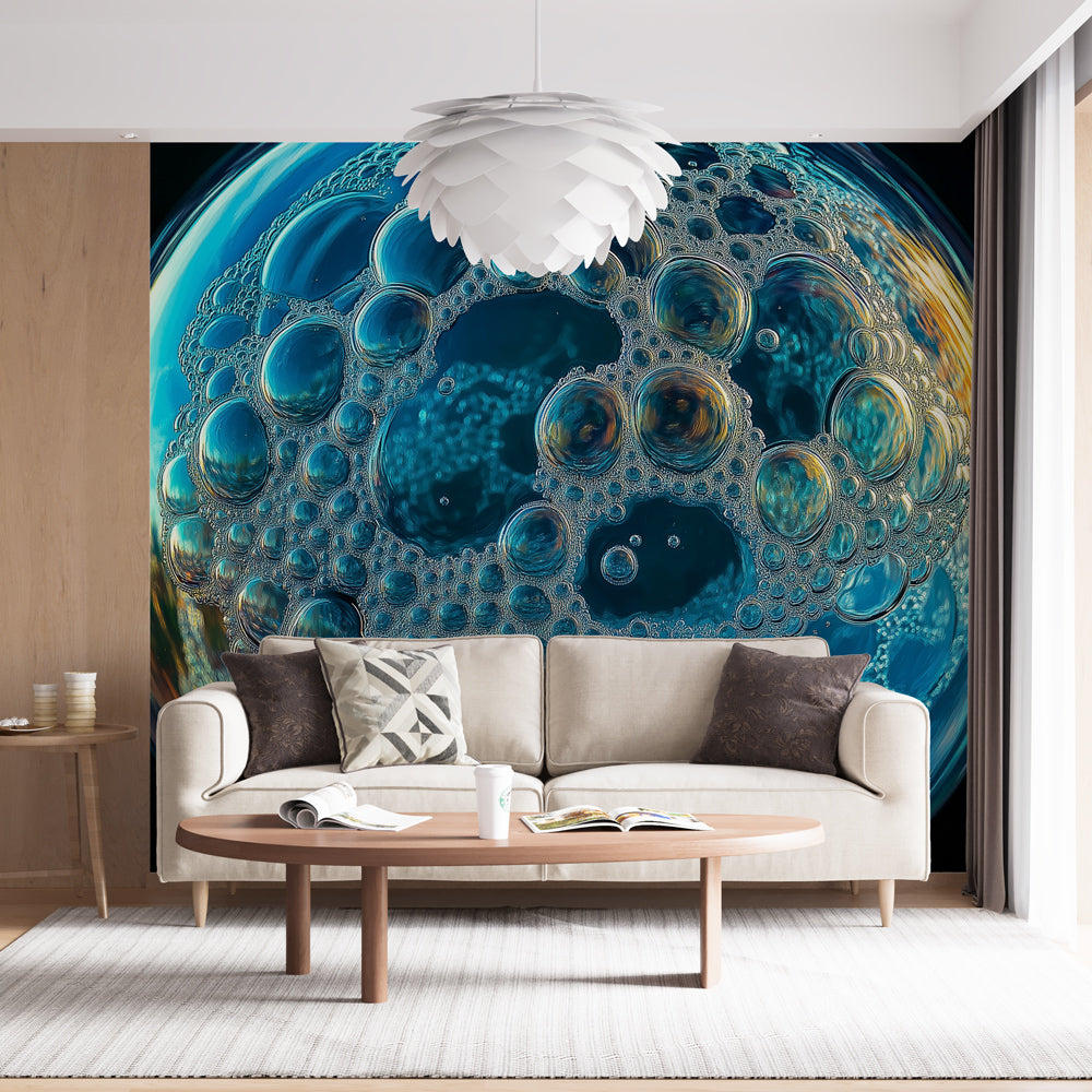 Ocean Bubble Wallpaper displayed in a modern bathroom, creating a spa-like atmosphere with turquoise and azure tones
