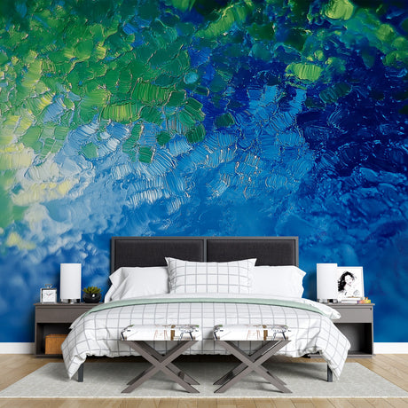Abstract ocean wallpaper creating a serene atmosphere in a modern living room with blue and green tones