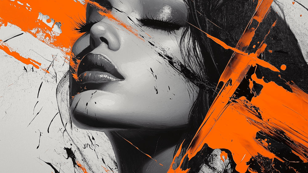 Abstract portrait art design file showing detailed orange brushstrokes on black background