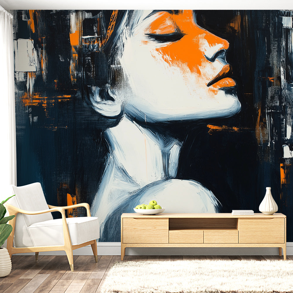 Modern abstract portrait wallpaper creating dramatic impact in a minimalist living room with orange and black tones