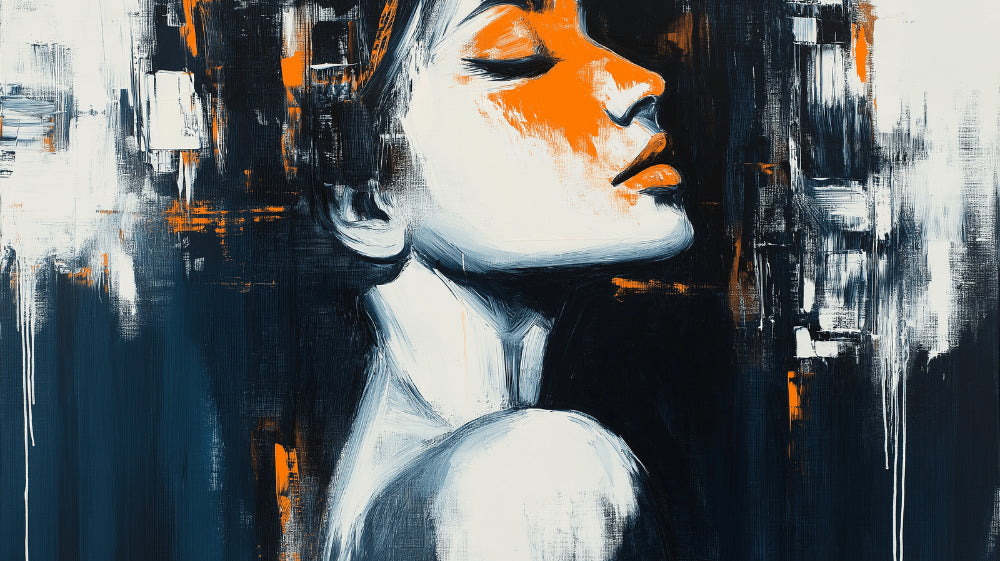 Abstract portrait design file with dramatic orange and black brushstrokes on navy background