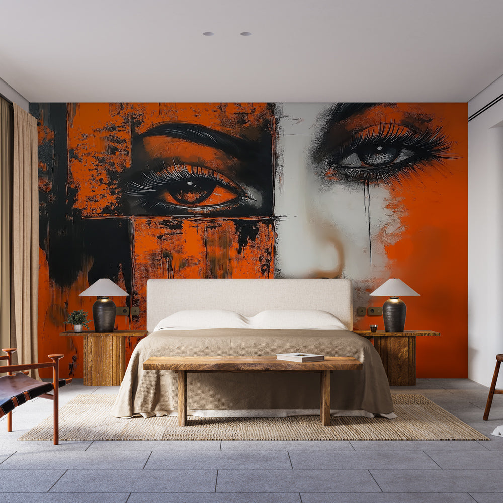 Abstract portrait wallpaper in modern living room, orange and black art creates dramatic focal point against white furniture