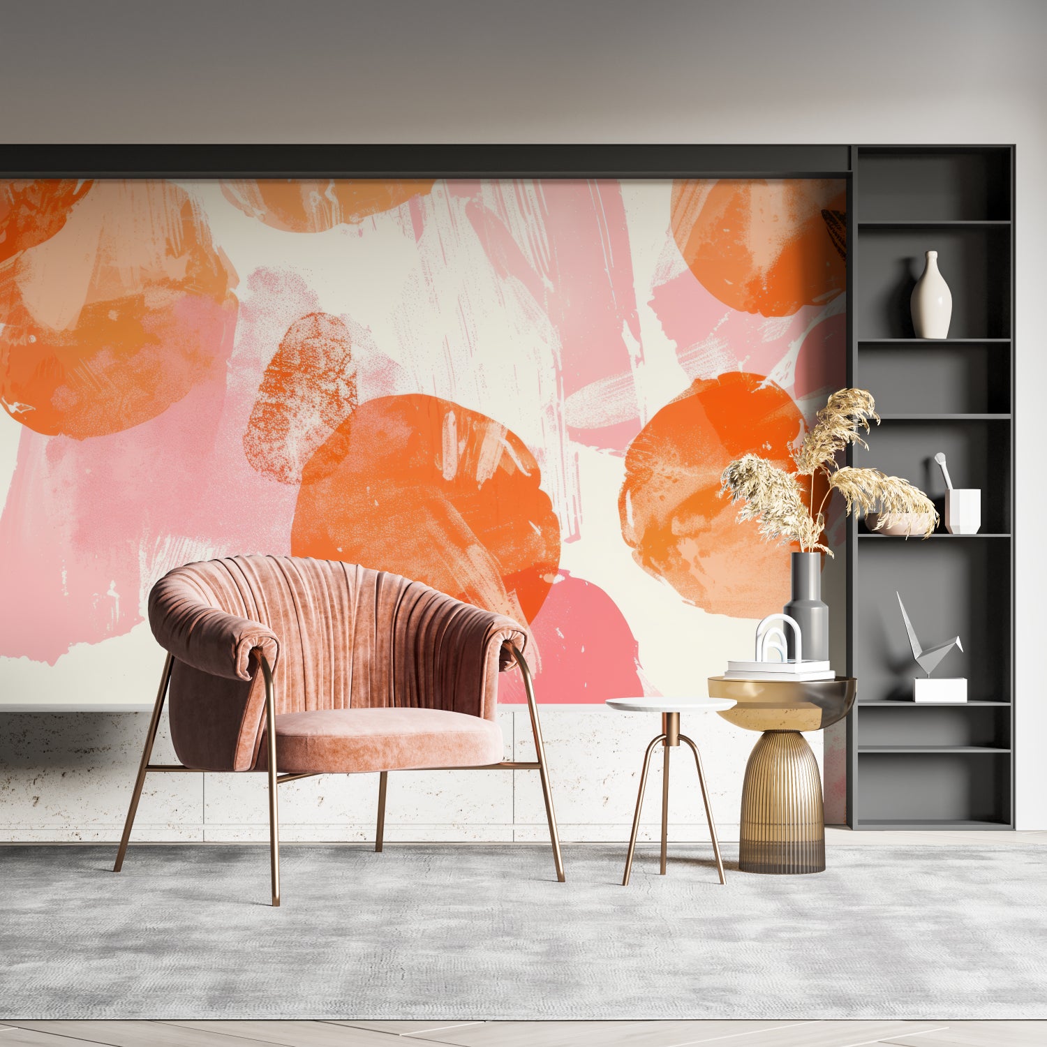 Dining room showcasing modern abstract wall mural in orange and pink tones