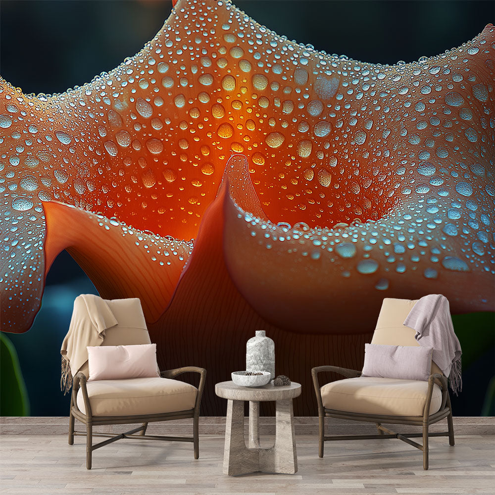 Orange flower wallpaper with water drops creates dramatic impact in modern living room setting