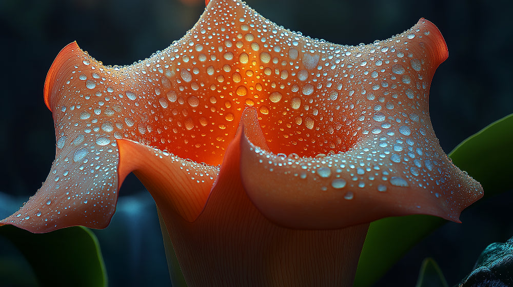 Abstract orange flower design file showing intricate water drop details and teal background