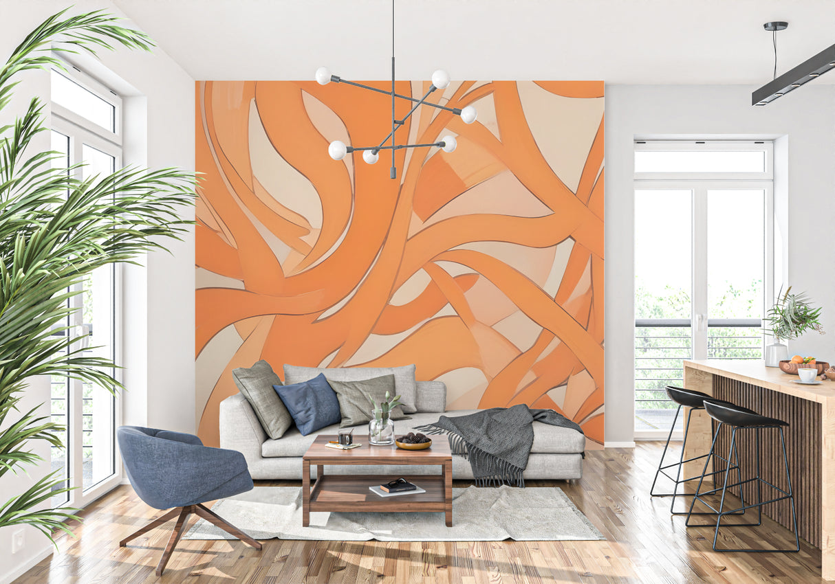 Orange abstract wall mural in modern living room creating dramatic focal point with flowing pattern