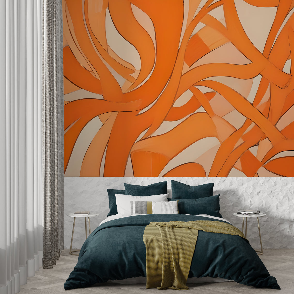 Modern dining room featuring orange abstract wall mural with curved patterns