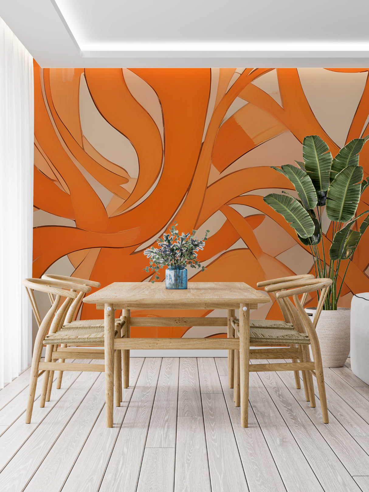 Orange fluid pattern wallpaper in bedroom showing warm, dynamic design