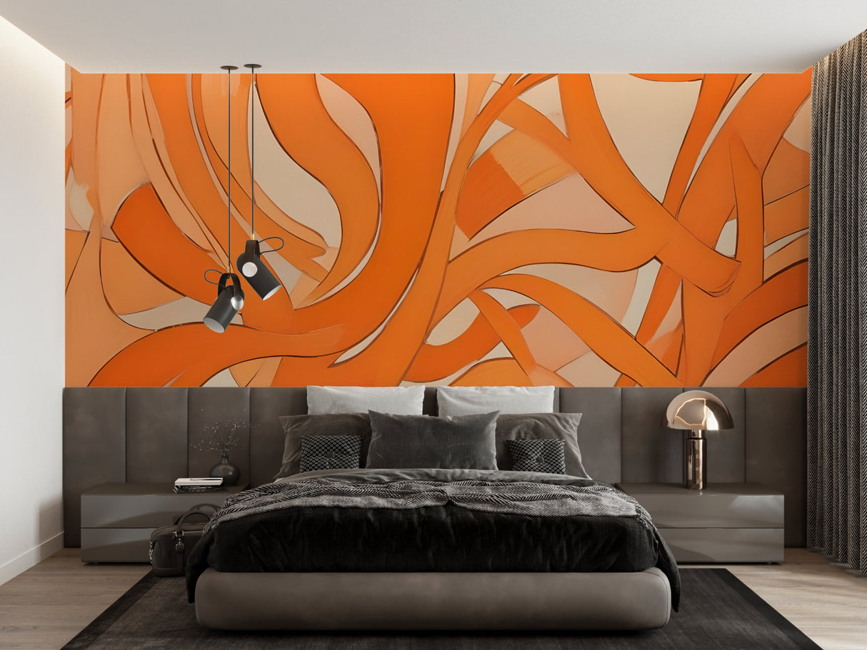Abstract orange mural in hallway demonstrating flowing curves and movement