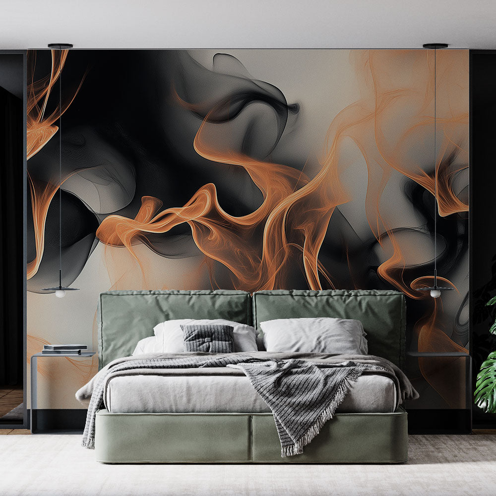 Abstract orange smoke wallpaper creating a dramatic statement wall in a modern living room with black furniture
