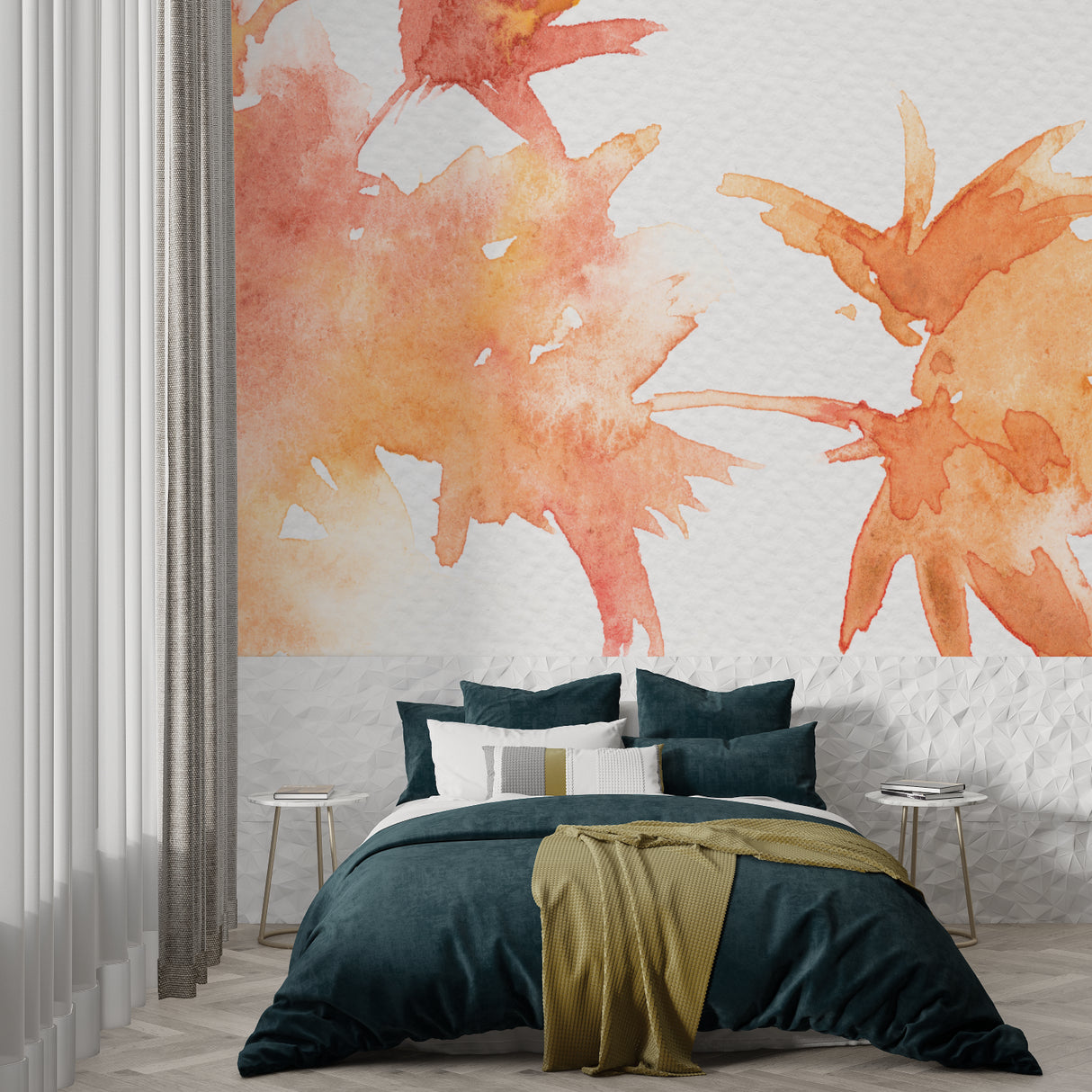 Watercolor abstract mural adding warmth to a contemporary home office