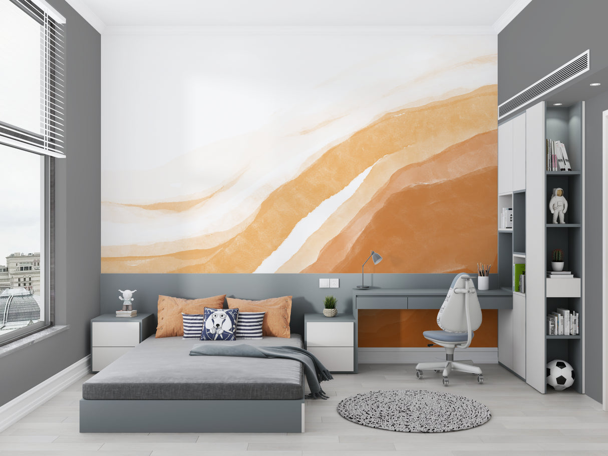Orange abstract wallpaper mural in bright modern living room showing flowing watercolor effect