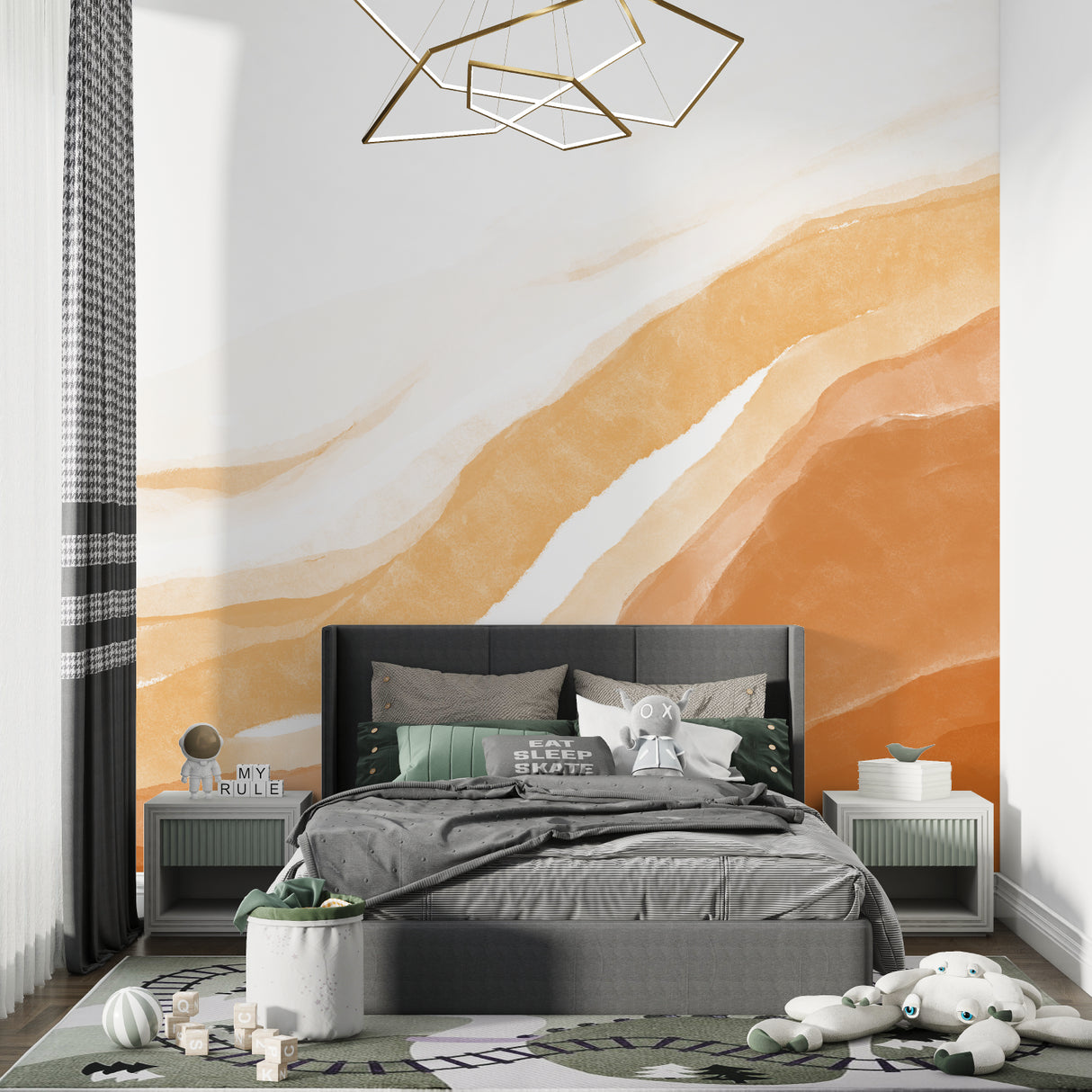 Watercolor wave wallpaper creating warm atmosphere in minimalist dining room