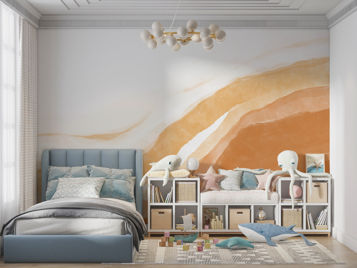 Abstract orange wall mural brightening contemporary home office space