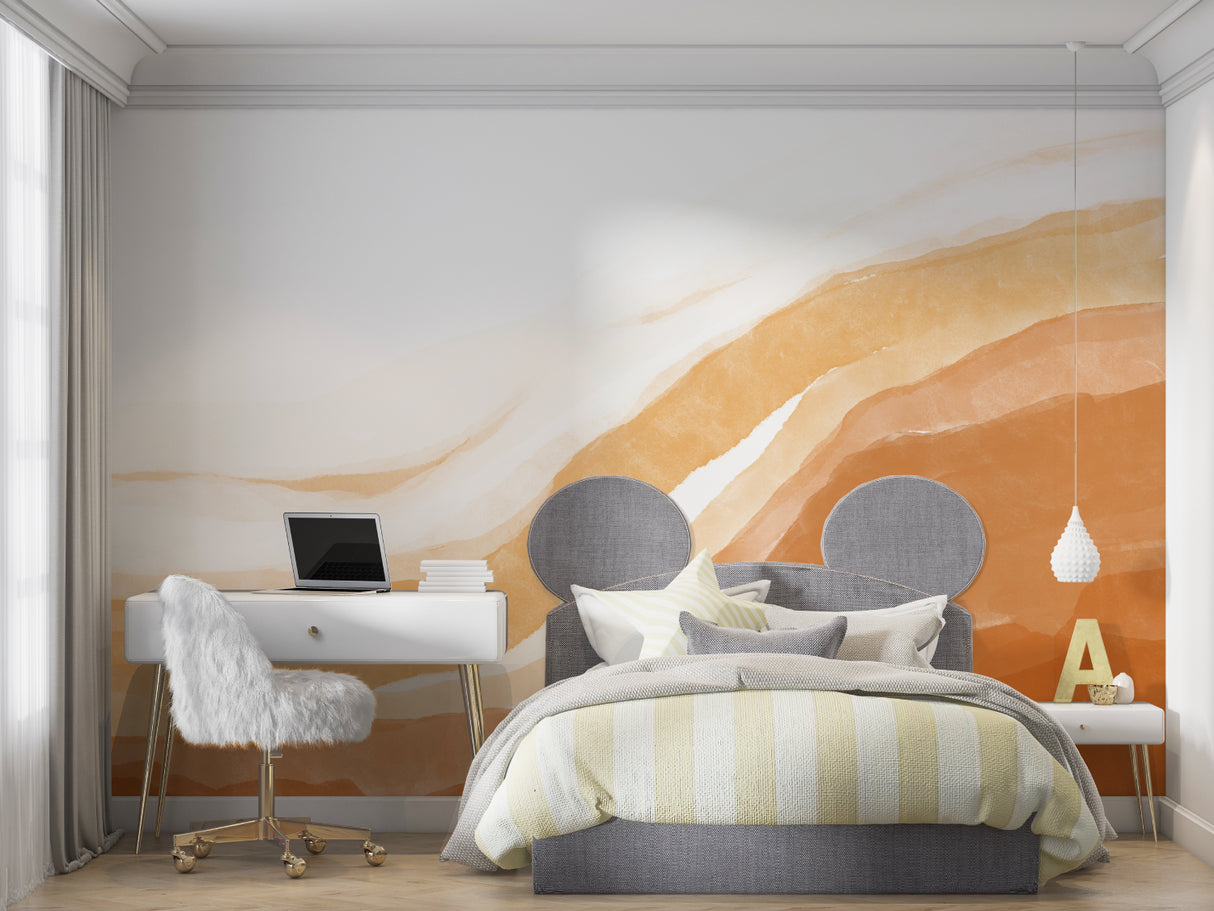 Modern orange wallpaper design in cozy bedroom setting
