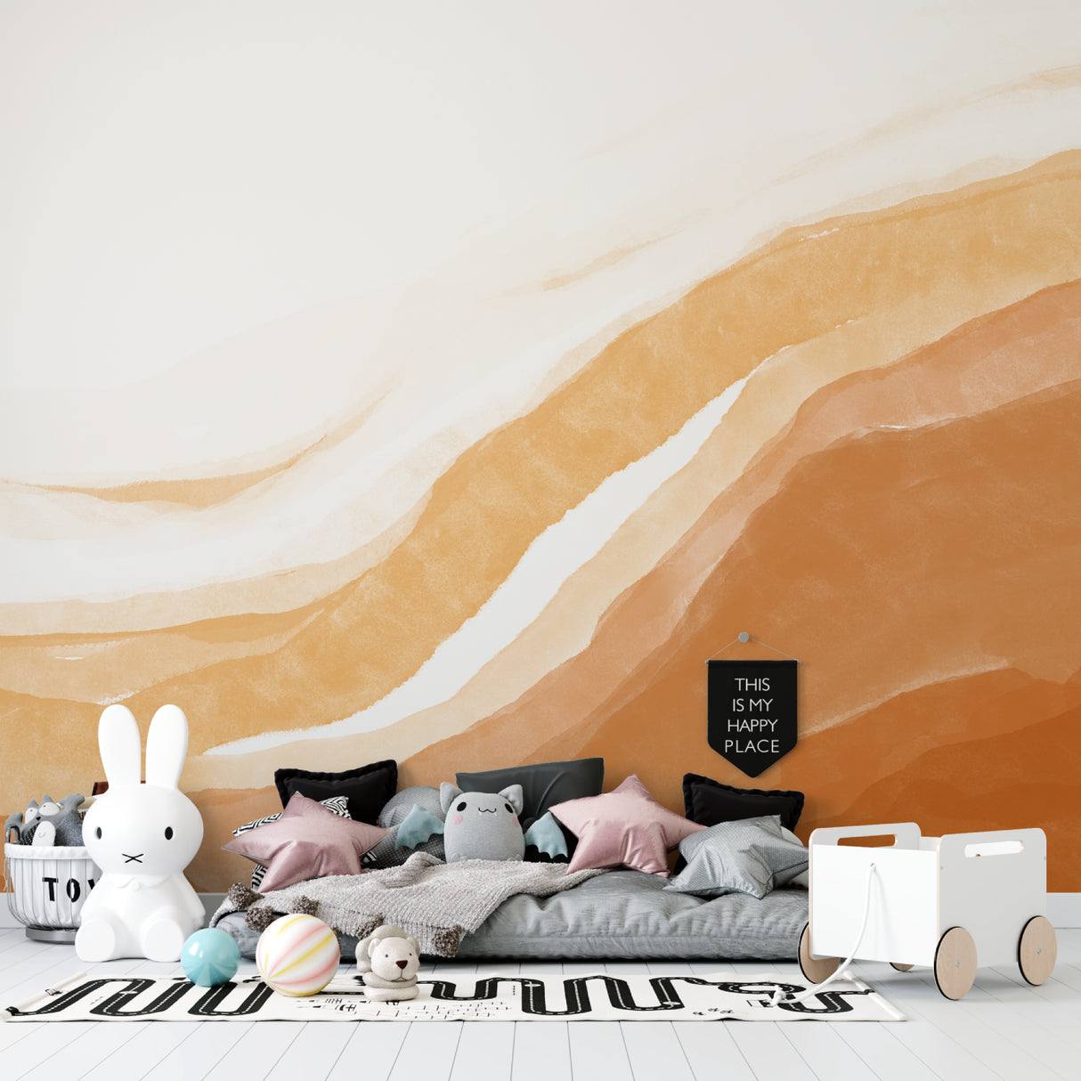 Flowing abstract mural adding warmth to stylish entrance hall