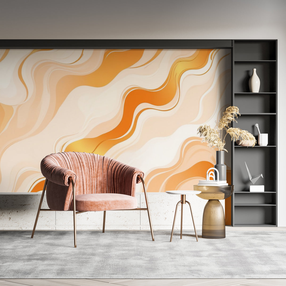 Abstract orange wave wallpaper in modern living room creating a warm, flowing atmosphere