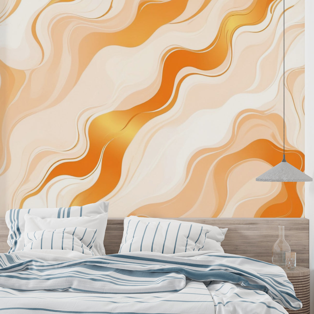 Orange wave pattern mural in dining room with contemporary furniture