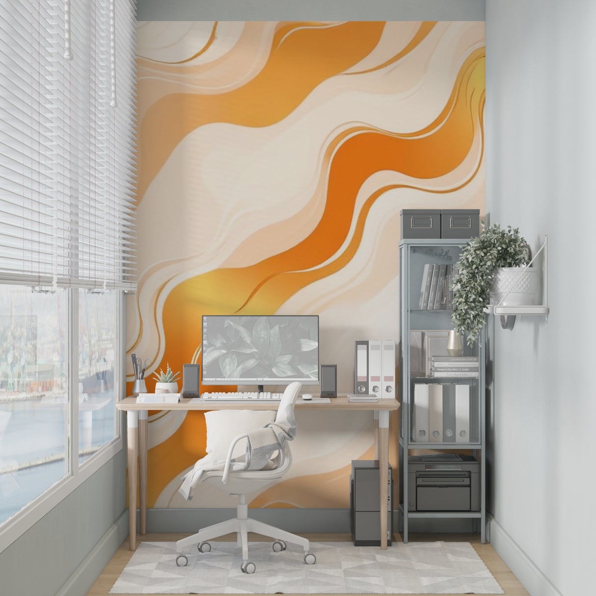 Wave pattern wallpaper bringing warmth to minimal home office space