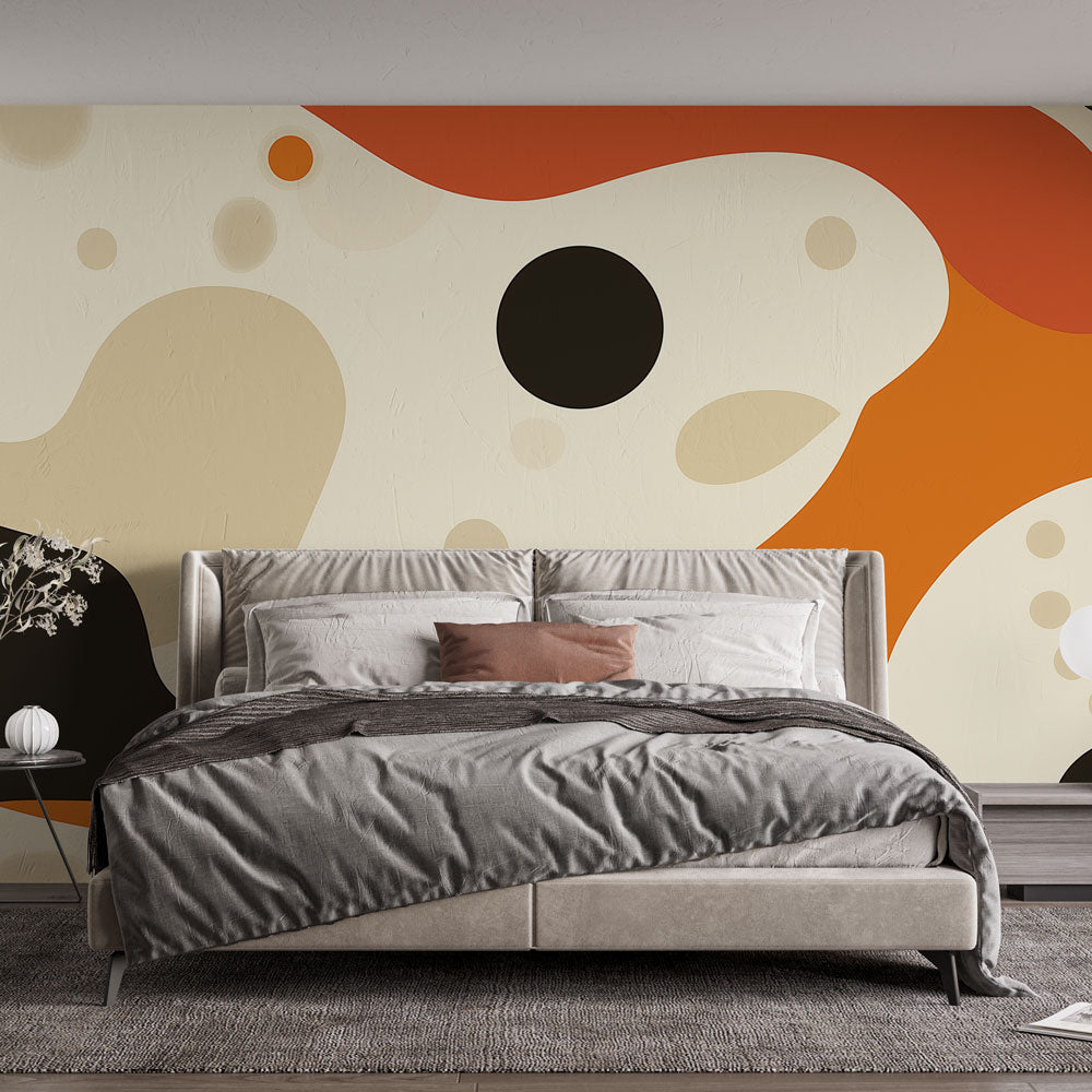 Abstract organic curves wallpaper in terracotta and black creating a bold statement wall in a modern living room setting