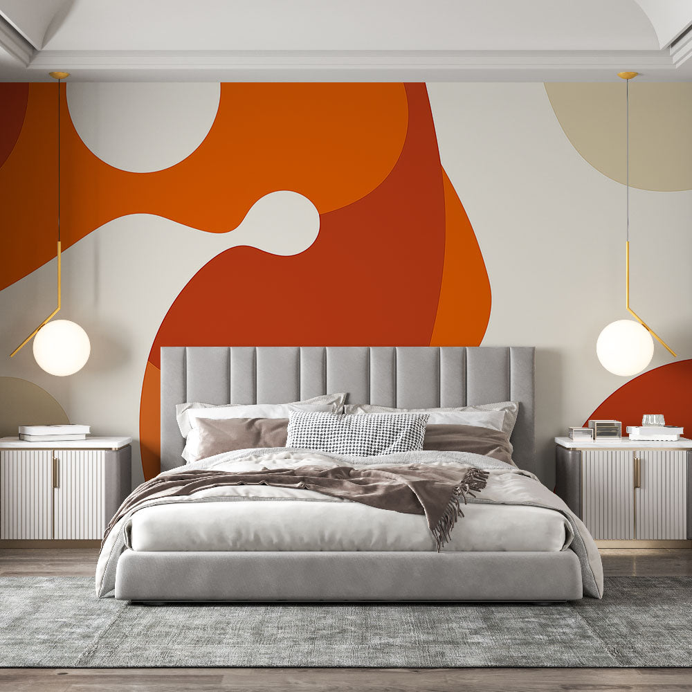 Modern living room with Abstract Organic Curves wallpaper in terracotta and beige tones, creating a warm and inviting atmosphere