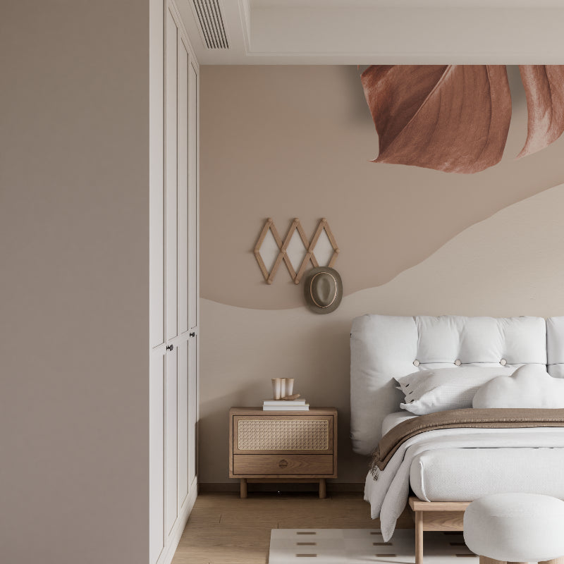 Organic curves wallpaper with terracotta tones in a minimalist bedroom setting