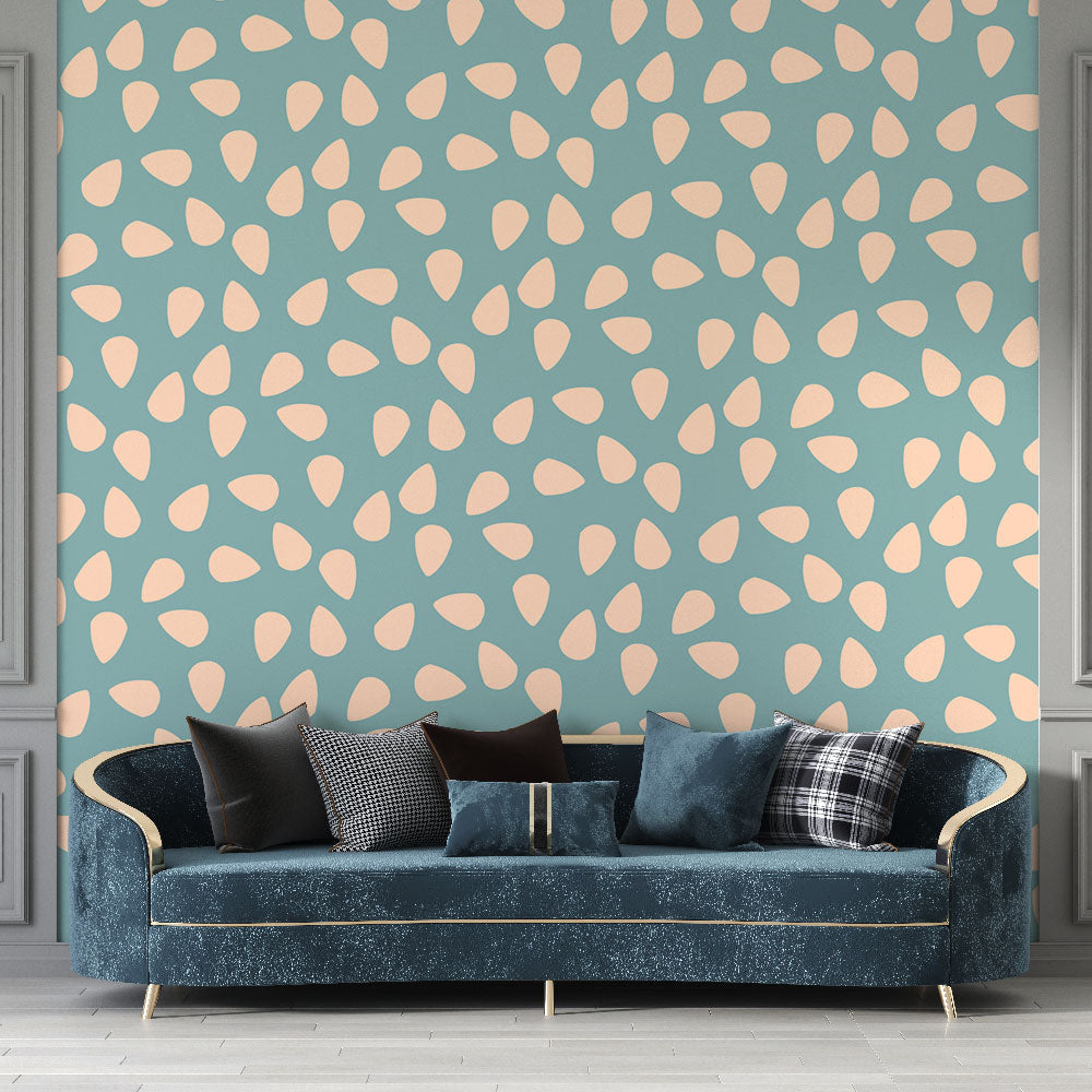 Abstract droplet pattern wallpaper creating a calm atmosphere in a modern living room with natural light