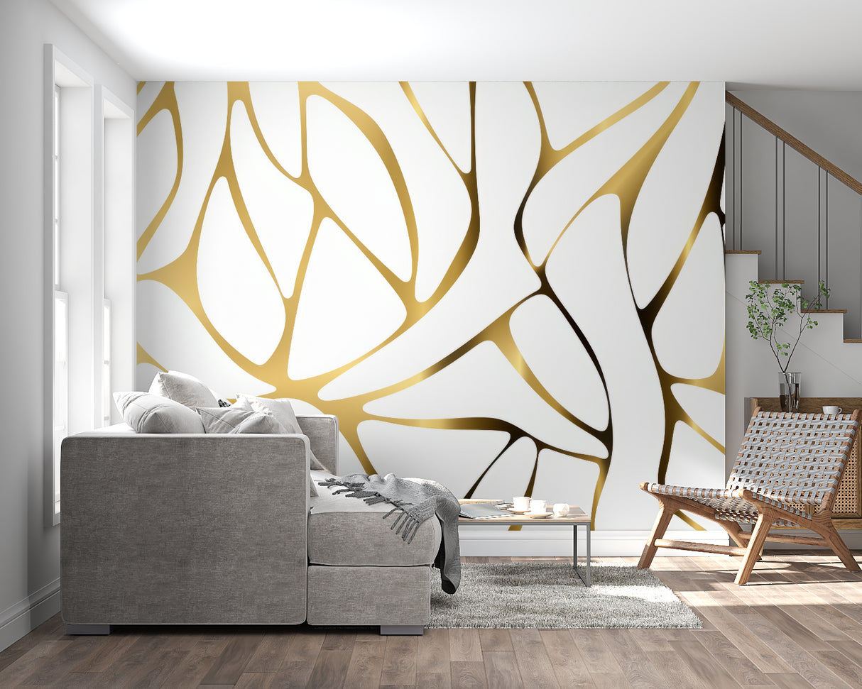 Master bedroom with flowing gold line pattern wallpaper creating a calm yet sophisticated atmosphere