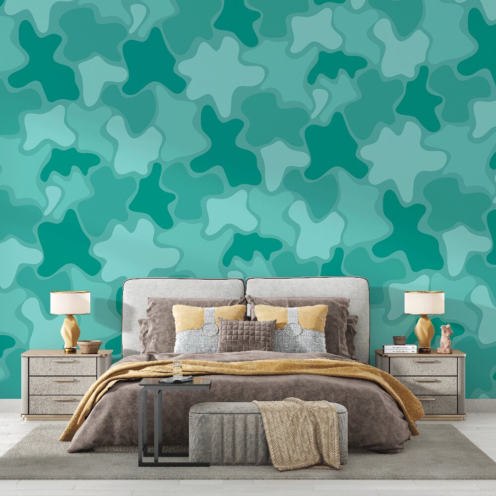Abstract green shapes wallpaper in a bright modern living room, creating a fresh and dynamic atmosphere