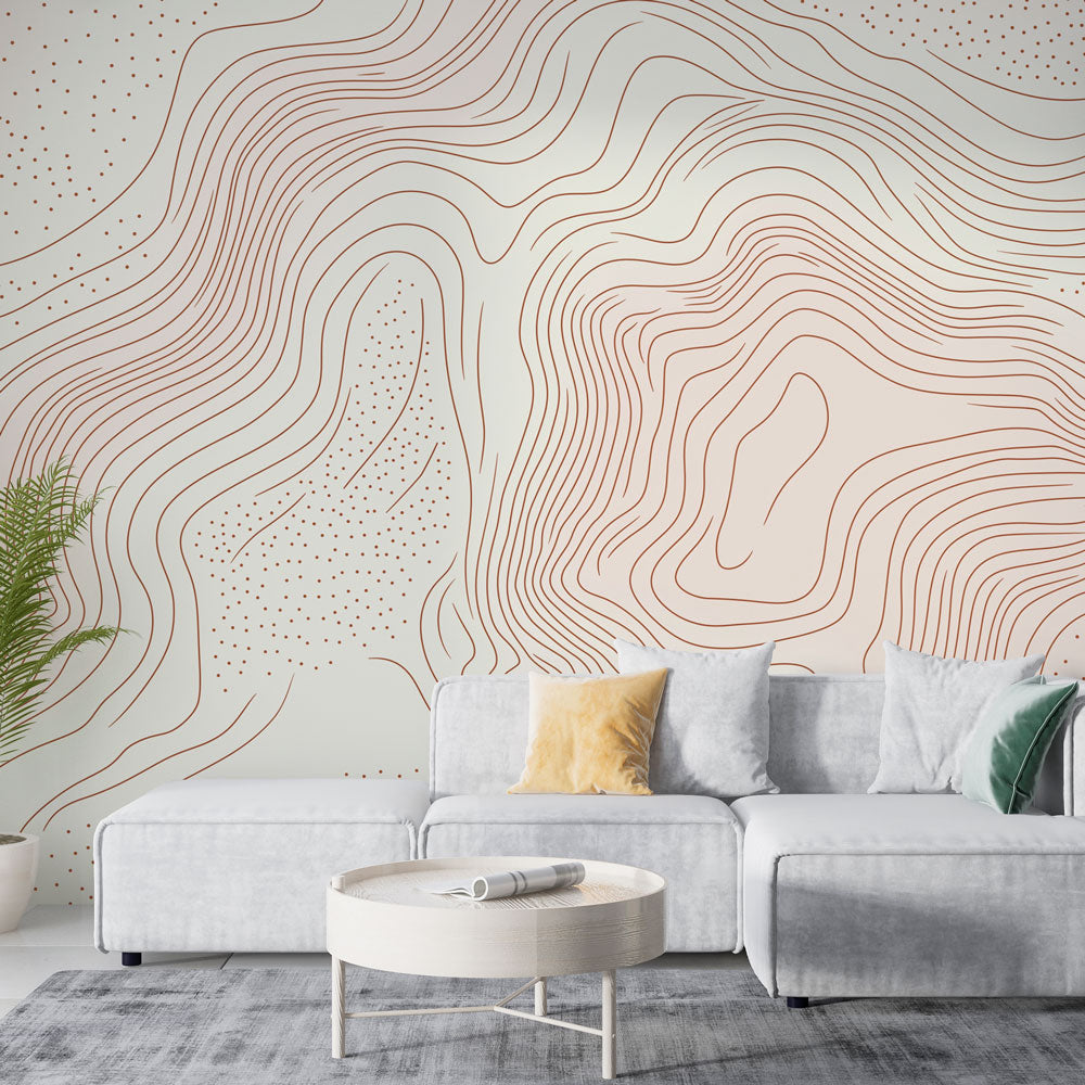 Abstract line art wallpaper in terracotta creating a sophisticated atmosphere in a modern minimalist living room