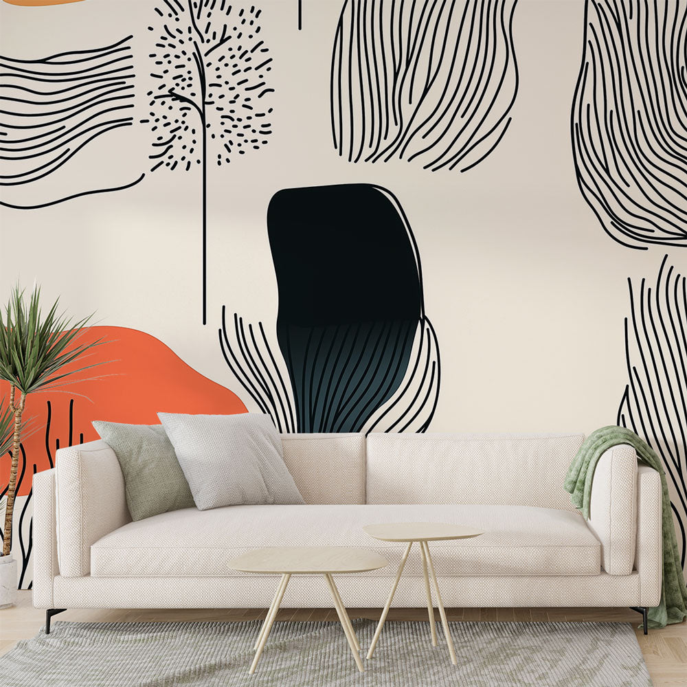 Abstract line art wallpaper with terracotta accent creating a calm modern living room with natural light
