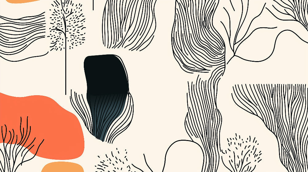 Abstract organic line art wallpaper design file showing flowing black lines and warm terracotta details