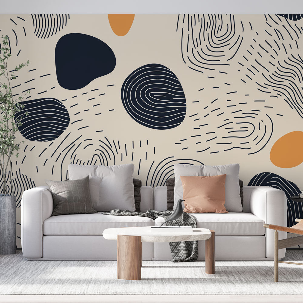 Modern Abstract Wallpaper with organic lines and terracotta accents creating a bold statement in a minimalist living room