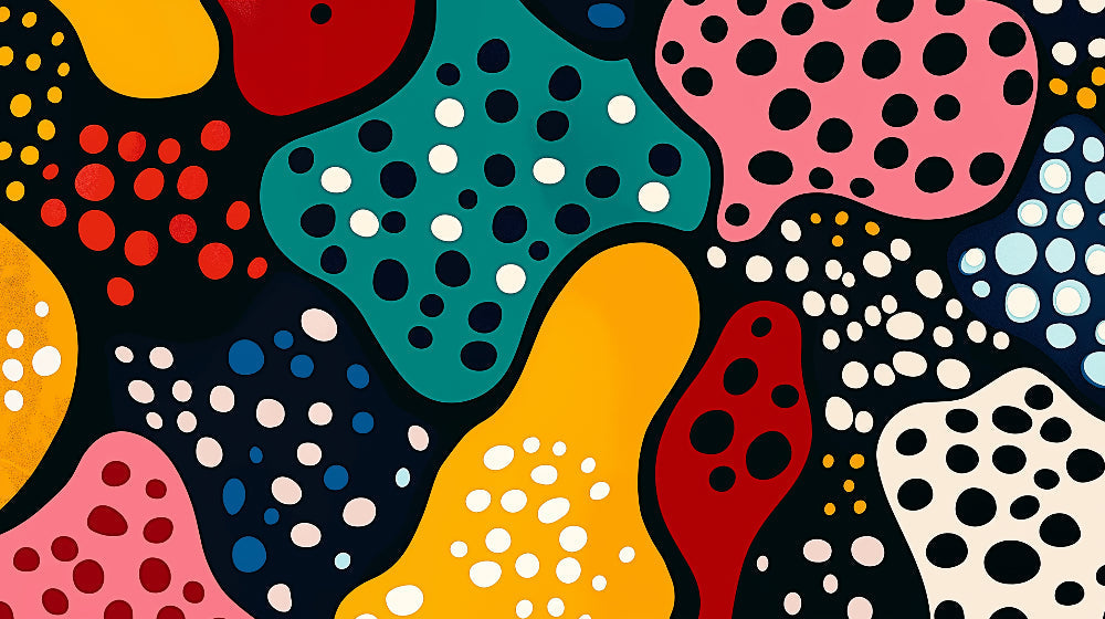 Abstract polka dot pattern wallpaper creating a bold statement in a modern living room with natural light