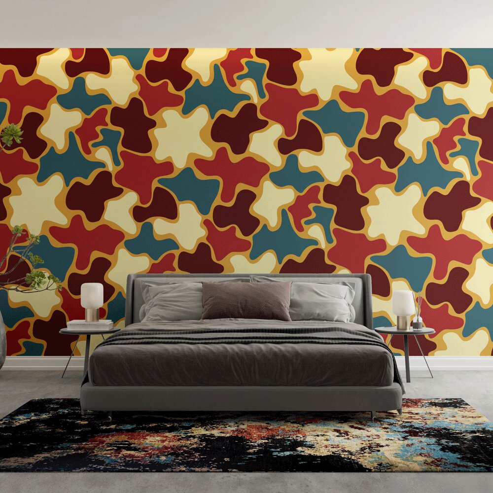 Modern Abstract Wallpaper with organic puzzle pattern in terracotta and teal shown in a bright living room setting