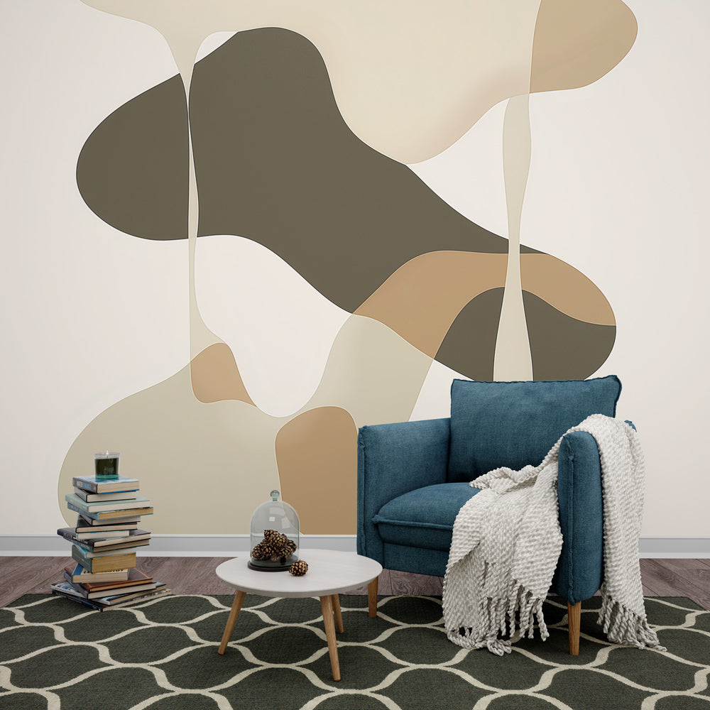Abstract organic shapes wallpaper in beige and brown tones creating a modern statement wall in a bright living room
