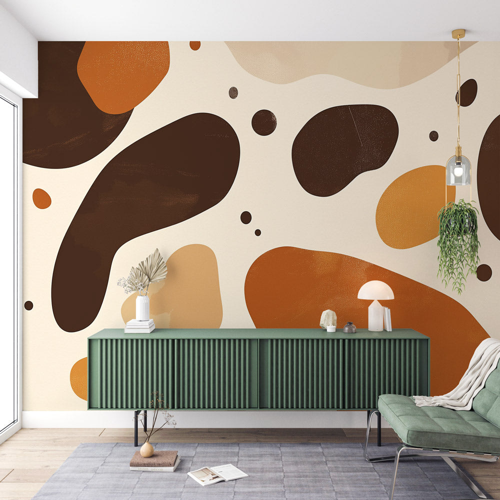 Modern living room featuring Abstract Organic Shapes wallpaper in earth tones creating a warm, inviting atmosphere