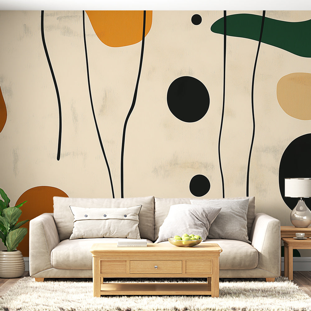 Abstract earth tone wallpaper creating a cozy atmosphere in a modern living room with natural light and minimal furniture