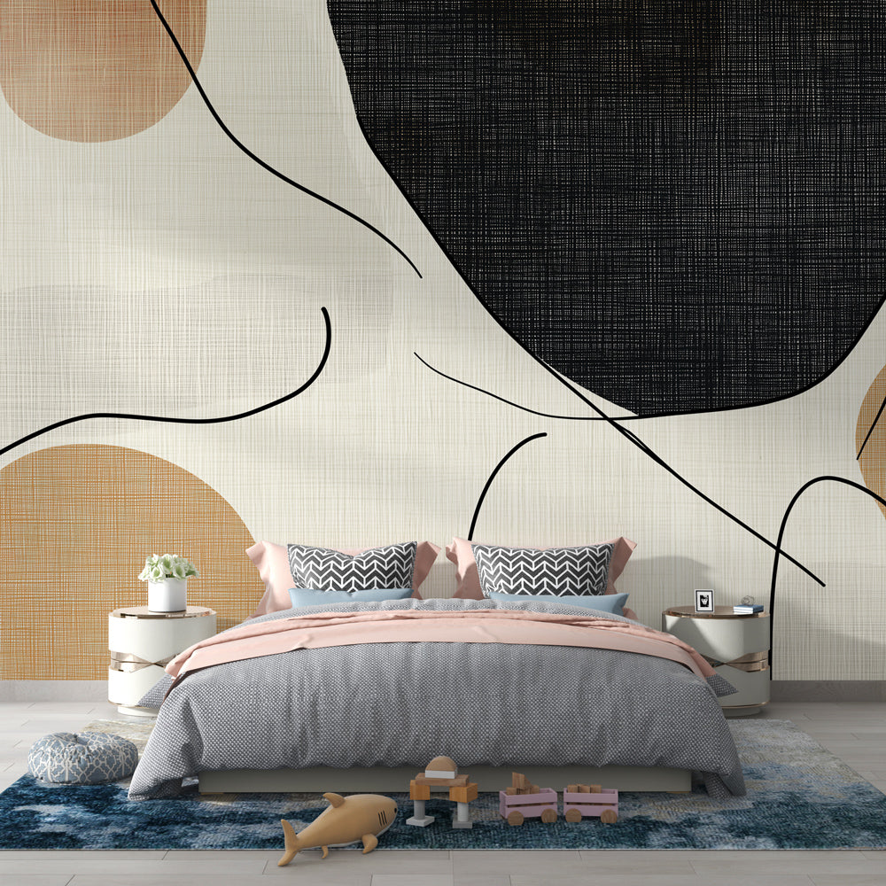 Abstract wall mural with organic shapes and line art creating a modern focal point in a bright, minimal living room setting