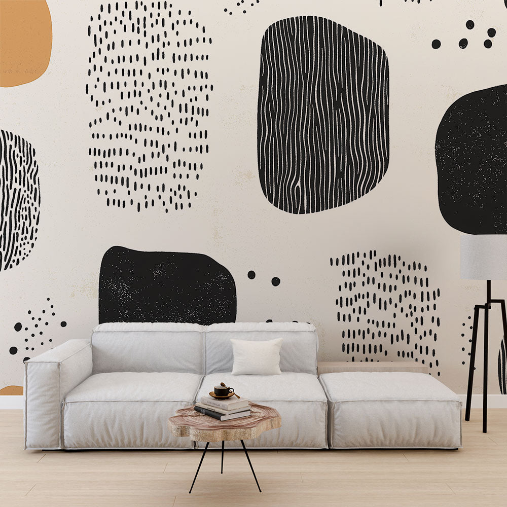 Modern Abstract Geometric Wallpaper showcased in a bright living room with minimalist furniture