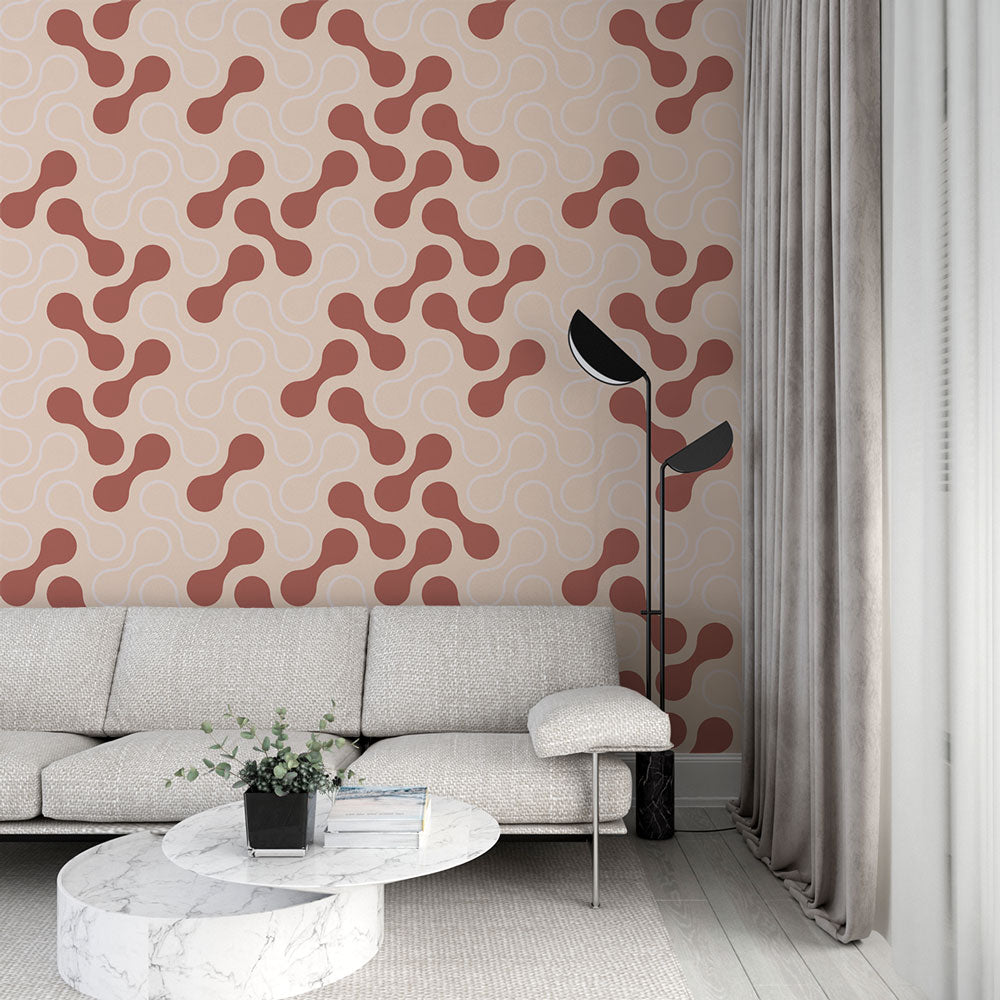 Abstract terracotta pattern wallpaper creating a warm, inviting atmosphere in a modern minimalist living room setting