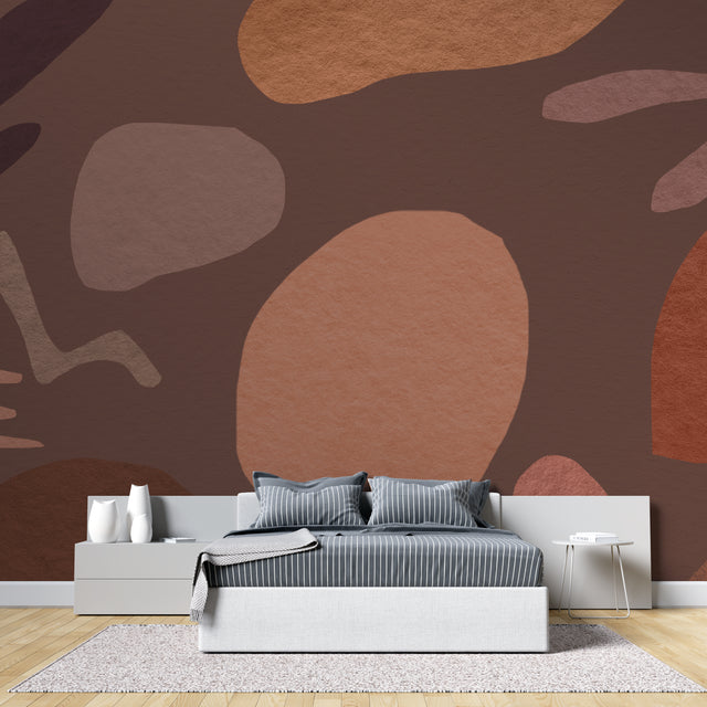 Modern living room with Abstract Terracotta Wallpaper creating warm, inviting atmosphere