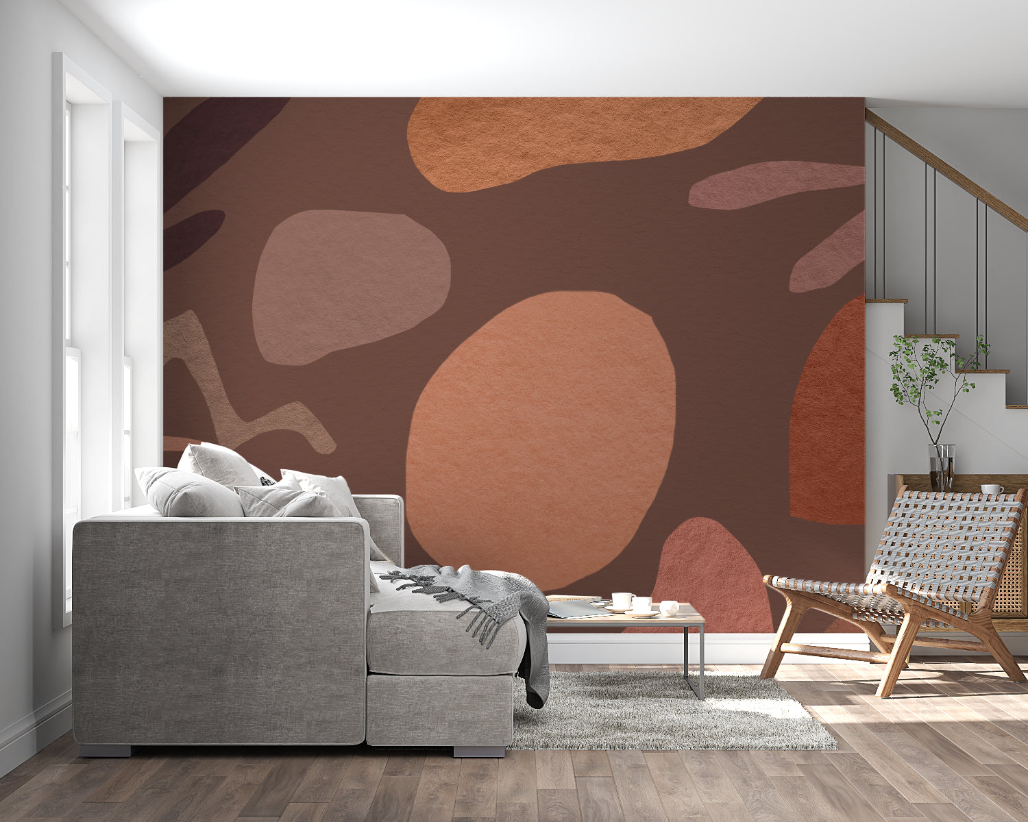 Bedroom wall decorated with Modern Abstract Wallpaper in warm browns