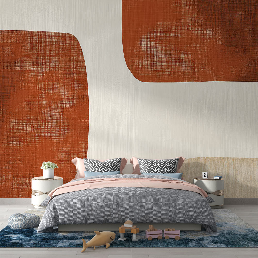 Abstract terracotta wall mural creating a warm focal point in a minimalist living room with natural light