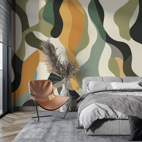 Abstract wave wallpaper in green and gold creating a calm atmosphere in a modern living room with minimal furniture