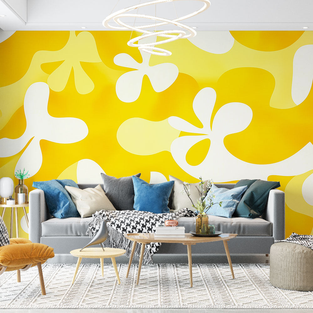 Yellow abstract wallpaper creating a bright modern atmosphere in a minimalist living room setting