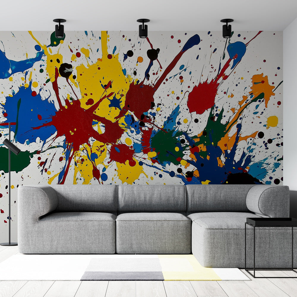 Abstract paint splash wallpaper creating a bold statement wall in a minimalist living room with white furniture